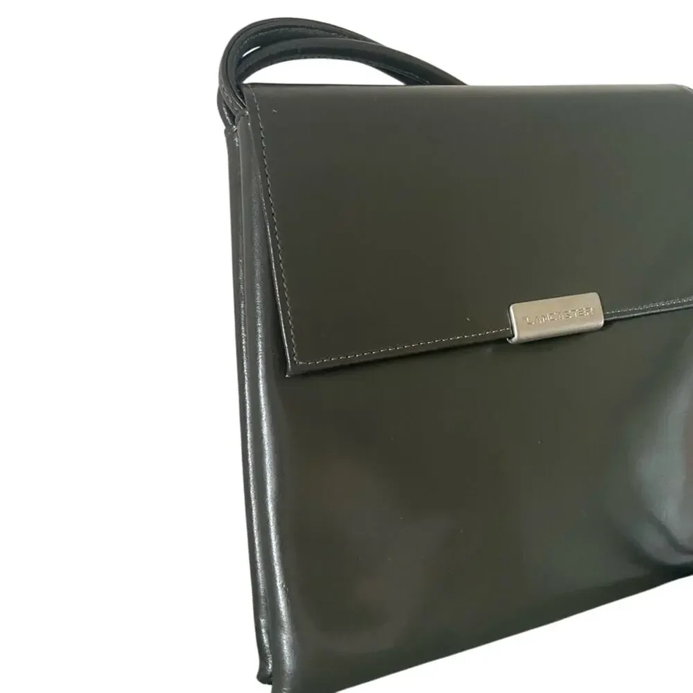 Lancaster Paris Vintage Olive Green Patent Leather Box Shoulder Bag